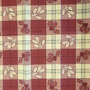 Cotton Fabric Holly Leaves Berries Red Cream Plaid Christmas Print 18x44" CPW